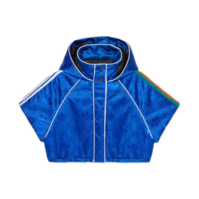 (Women) Gucci adidas FW22 Blue Jacquard Monogram Hooded Short Sleeve Jacket 714856-ZALFR-4153