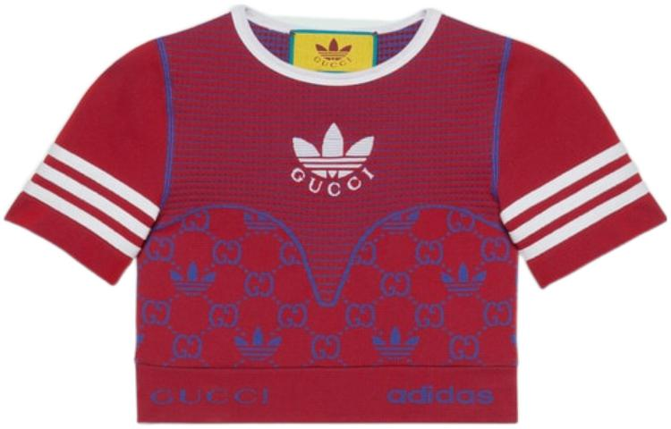(Women) Gucci x adidas FW22 Red Logo Jacquard Stripe Short Sleeve Sweater 713029-XJES1-6263