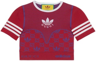 (Women) Gucci x adidas FW22 Red Logo Jacquard Stripe Short Sleeve Sweater 713029-XJES1-6263 (Women) Gucci x adidas FW22 Red Logo Jacquard Stripe Short Sleeve Sweater 713029-XJES1-6263