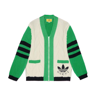 (Women) Gucci adidas Green Multicolor Logo Embroidered Knit Cardigan SS23. 718007-XKCRG-9216