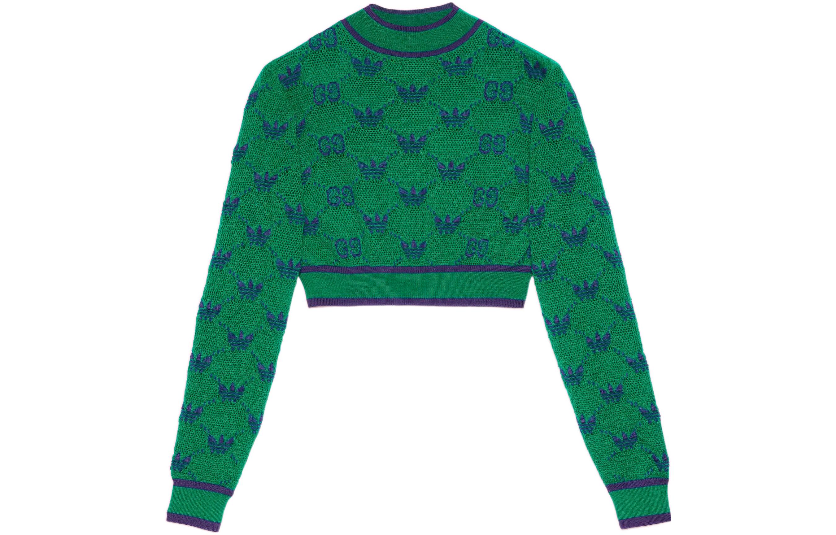 (Women) Gucci x adidas Green SS23 Lettering Trefoil Crewneck Cashmere Sweater 693829-XKCVF-3465