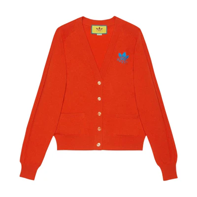(Women) GUCCI Adidas Originals Red Knit Cardigan with Logo Letter Design. 723366-XKCU9-7708