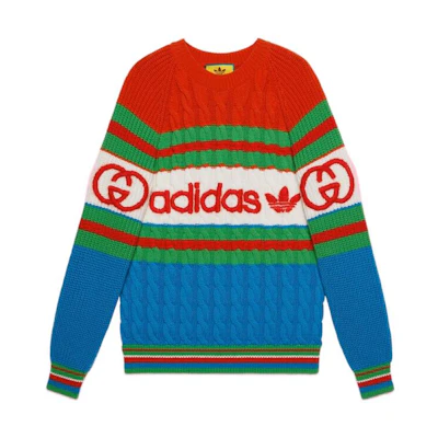 (Women) Gucci adidas SS23 Blue Striped Logo Wool Sweater 717722-XKCQ3-4775