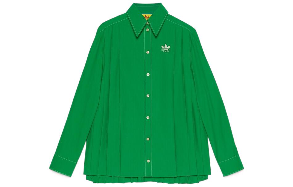 (Women) Gucci x adidas SS23 Green Embroidered Logo Pleated Long Sleeve Shirt 723257-ZALFE-3778