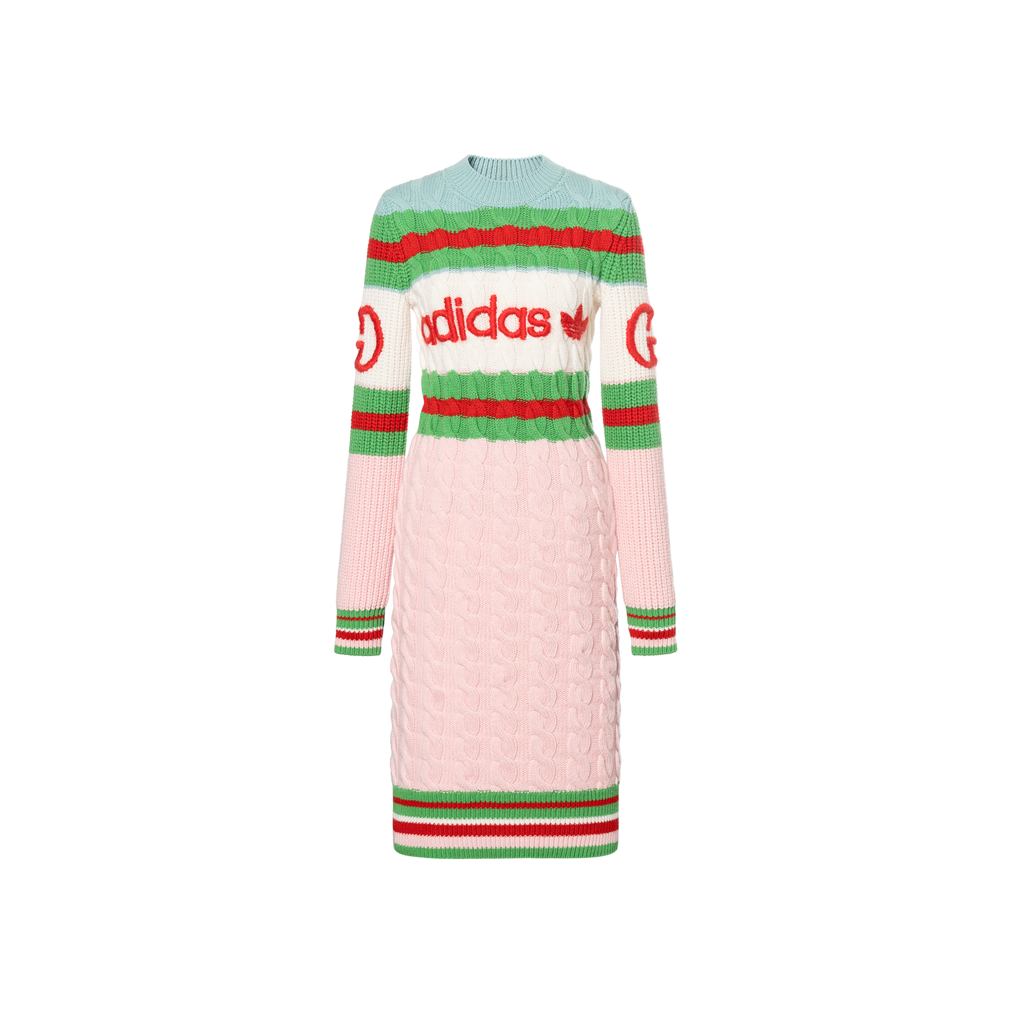 (Women) Gucci x adidas SS23 Letter Logo Jacquard Stripe Wool Midi Dress Pink 717710-XKCQ3-5429