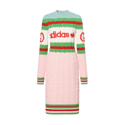 (Women) Gucci adidas SS23 Letter Logo Jacquard Stripe Wool Midi Dress Pink 717710-XKCQ3-5429