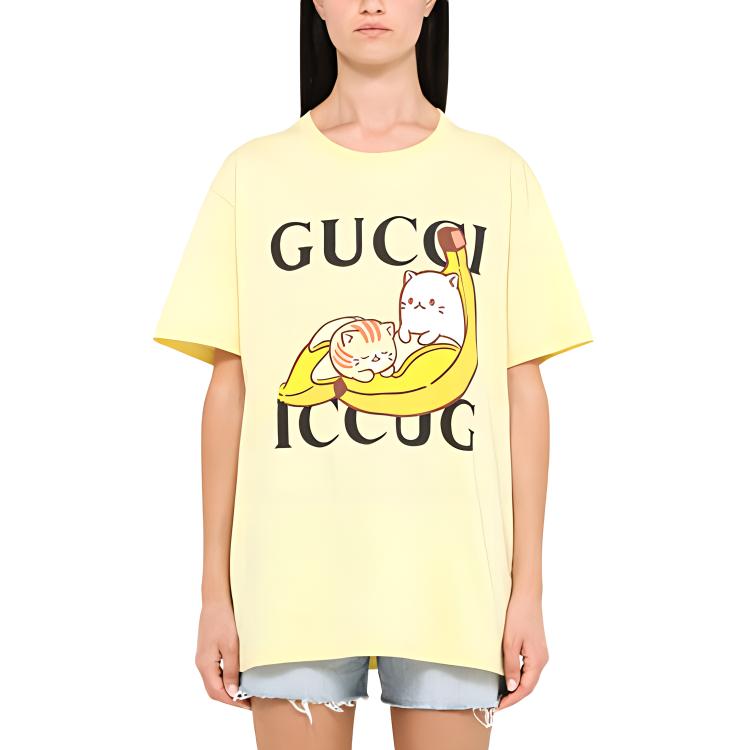 (Women) Gucci Bananya Cartoon Logo Print Yellow T-Shirt 615044-XJDGQ-7216