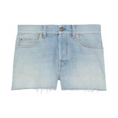(Women) Gucci Doraemon Cartoon Embroidered Slim Blue Denim Shorts 652655-XDBOS-4452