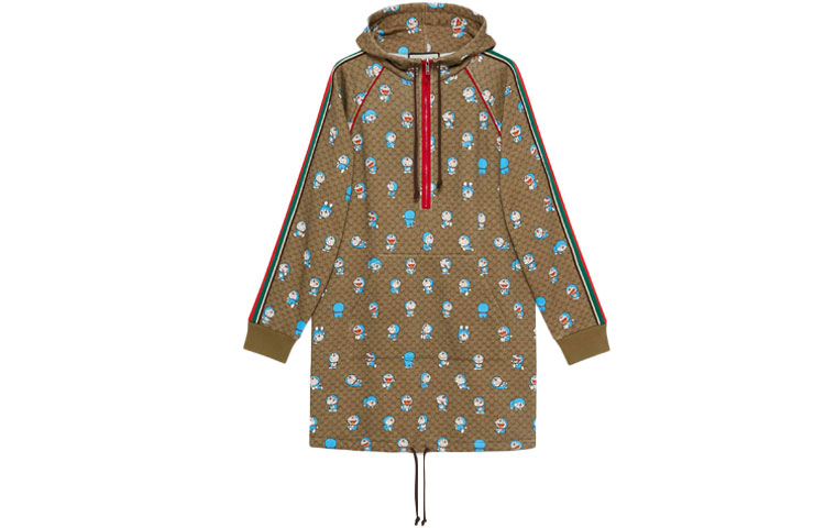 (Women) Gucci x Doraemon Cartoon Print Brown Hooded Long Sleeve Dress 656650-XJDIE-2138