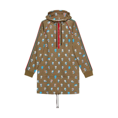(Women) Gucci Doraemon Cartoon Print Brown Hooded Long Sleeve Dress 656650-XJDIE-2138