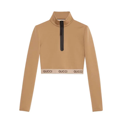(Women) Gucci TNF FW21 Camel Letter Print Half-Zip Tee 672399-XJDS6-2597