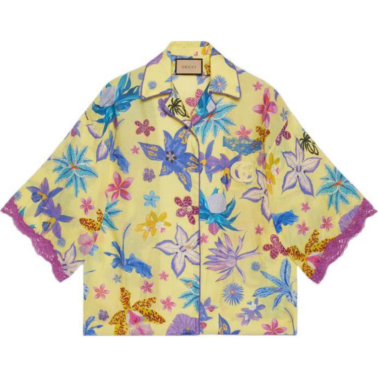 (Women) Gucci Yellow Palm Tree Print Short-Sleeve UV Shirt 704306-ZAJUR-7323