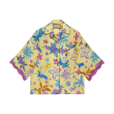(Women) Gucci Yellow Palm Tree Print Short-Sleeve UV Shirt 704306-ZAJUR-7323