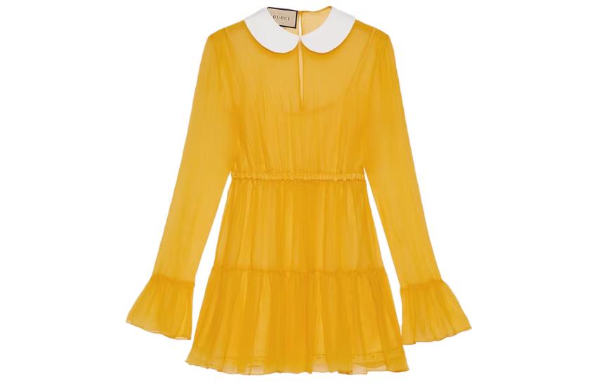 (Women) Gucci Yellow Ruffled Pleated Long Sleeve Mini Dress SS23 728125-ZAL3Y-7537