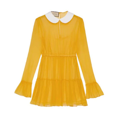 (Women) Gucci Yellow Ruffled Pleated Long Sleeve Mini Dress SS23 728125-ZAL3Y-7537