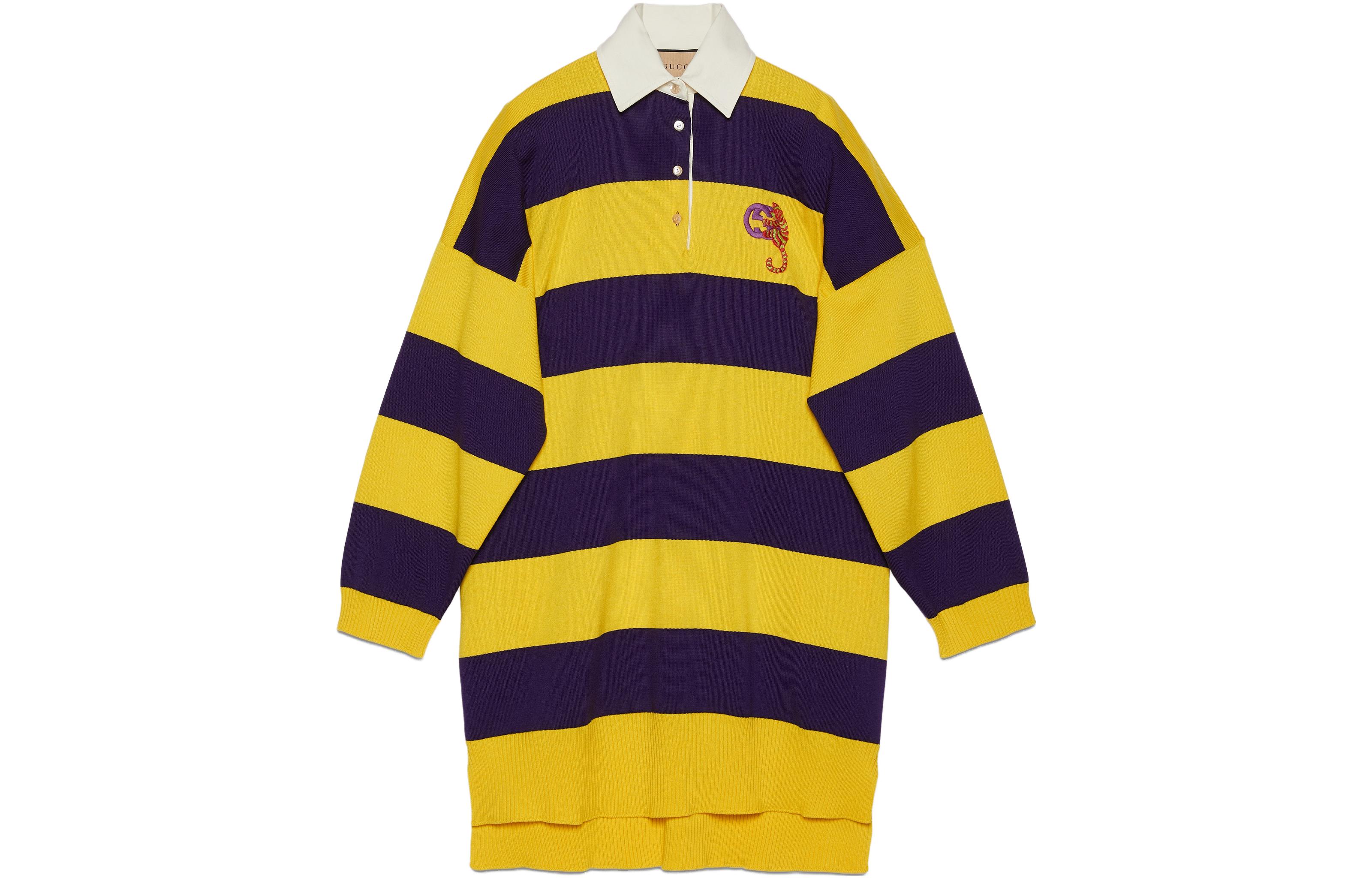 (Women) Gucci Yellow Striped Colorblock Print Polo Collar Long Sleeve Dress 748874-XKDBO-7035