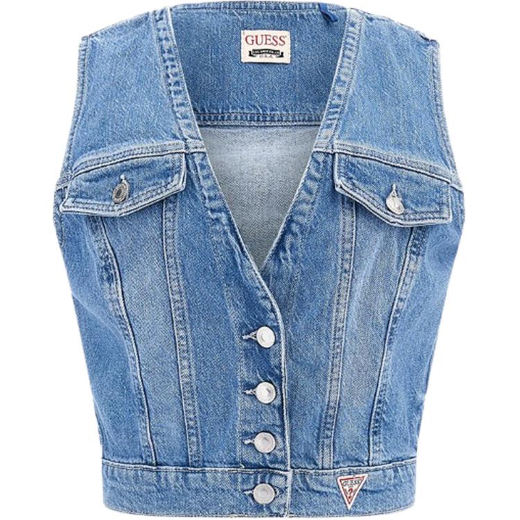 (Women) GUESS Blue V-Neck Logo Patch Sleeveless Crop Tank Top YO3D1800-MBL