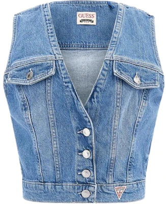 (Women) GUESS Blue V-Neck Logo Patch Sleeveless Crop Tank Top YO3D1800-MBL Buy (Women) GUESS Blue V-Neck Logo Patch Sleeveless Crop Tank Top YO3D1800-MBL