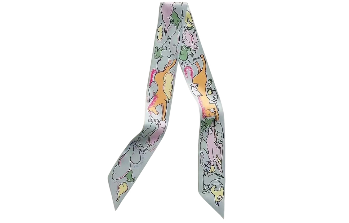 (Women) HERMES 23S Twilly Scarf  Grey - 1001 Rabbit Design. H064007Sv