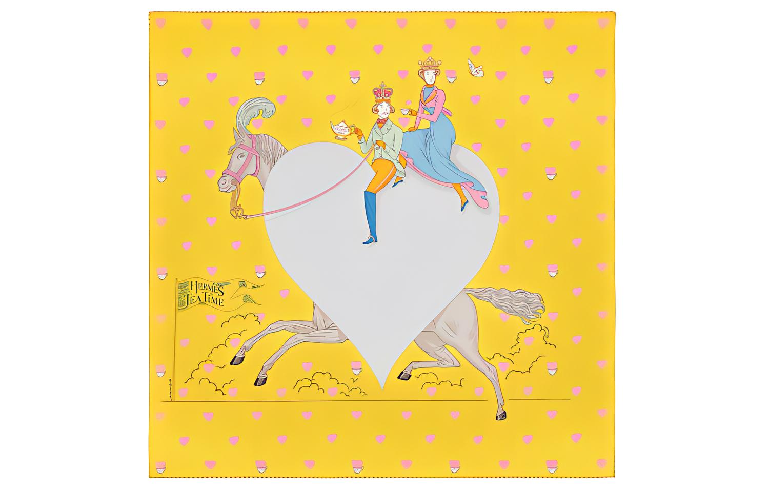 (Women) HERMES 70cm Afternoon Tea Heart Silk Scarf Yellow Edition. H983782S-10