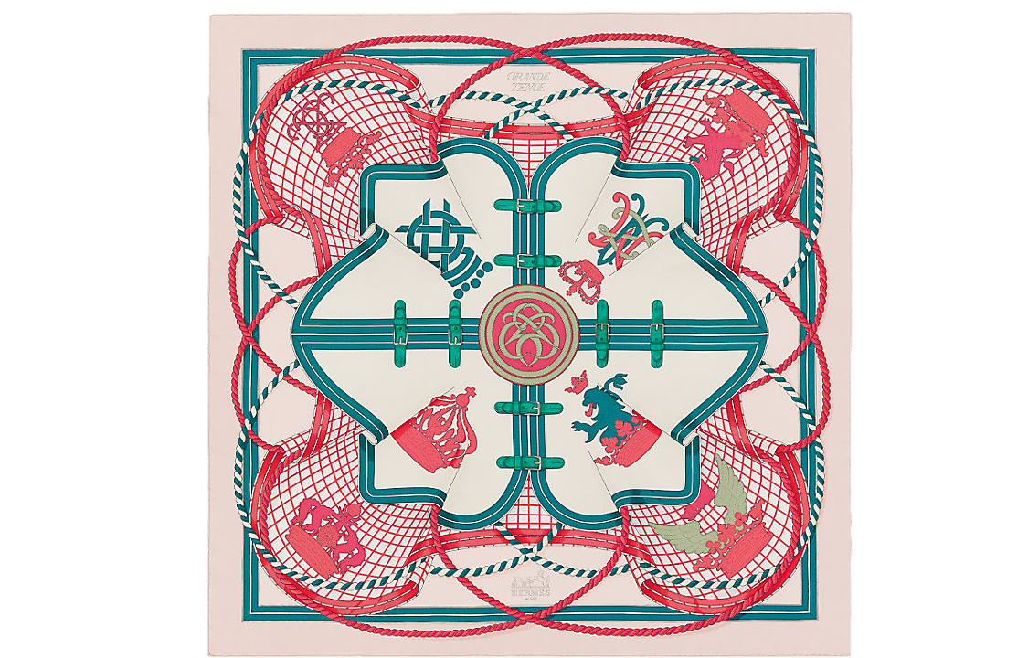 (Women) HERMES 90cm Scarf in Rouge/Beige/Gold "Dress-Up" Design. H071729S-03