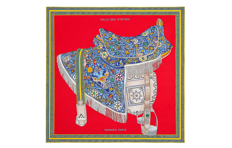 (Women) HERMES 90cm Silk Scarf "Prairie Saddle" Red/Blue/Gold H003682S-04 圖 2