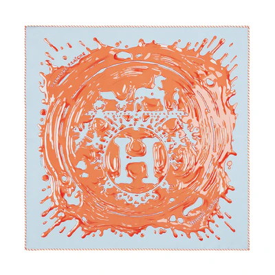 (Women) HERMES 45cm Scarf "Wet Paint" Light Blue/Apricot Silk H892685S-02