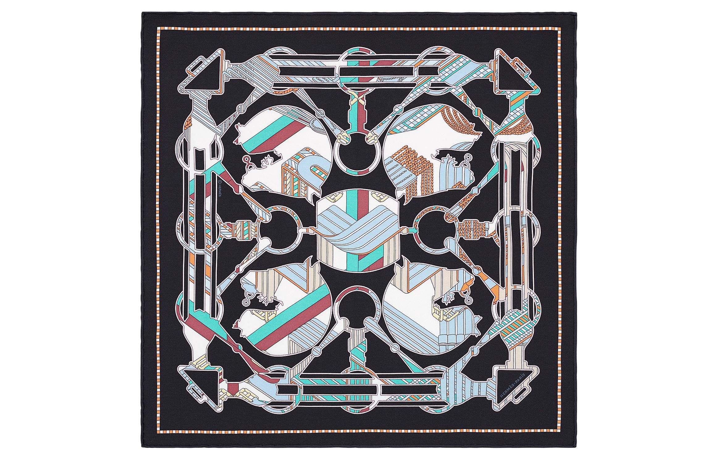 (Women) HERMES  45cm Silk Scarf "Circuit 24 Faubourg" Black/Mint/Multicolor. H893865S-01