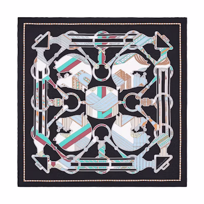 (Women) HERMES 45cm Silk Scarf "Circuit 24 Faubourg" Black/Mint/Multicolor. H893865S-01