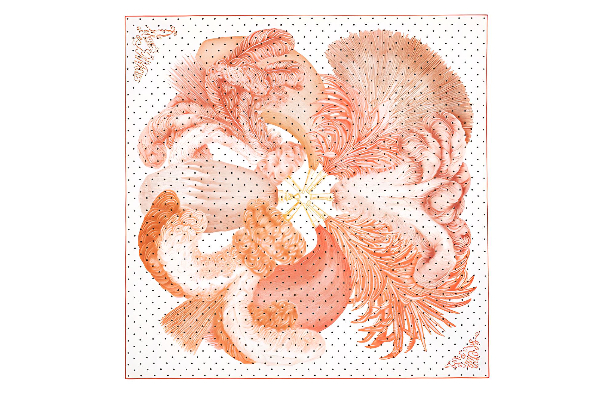 (Women) HERMES  90cm Silk Scarf "Feather Decoration" White/Orange/Multi-Color H003851S-13