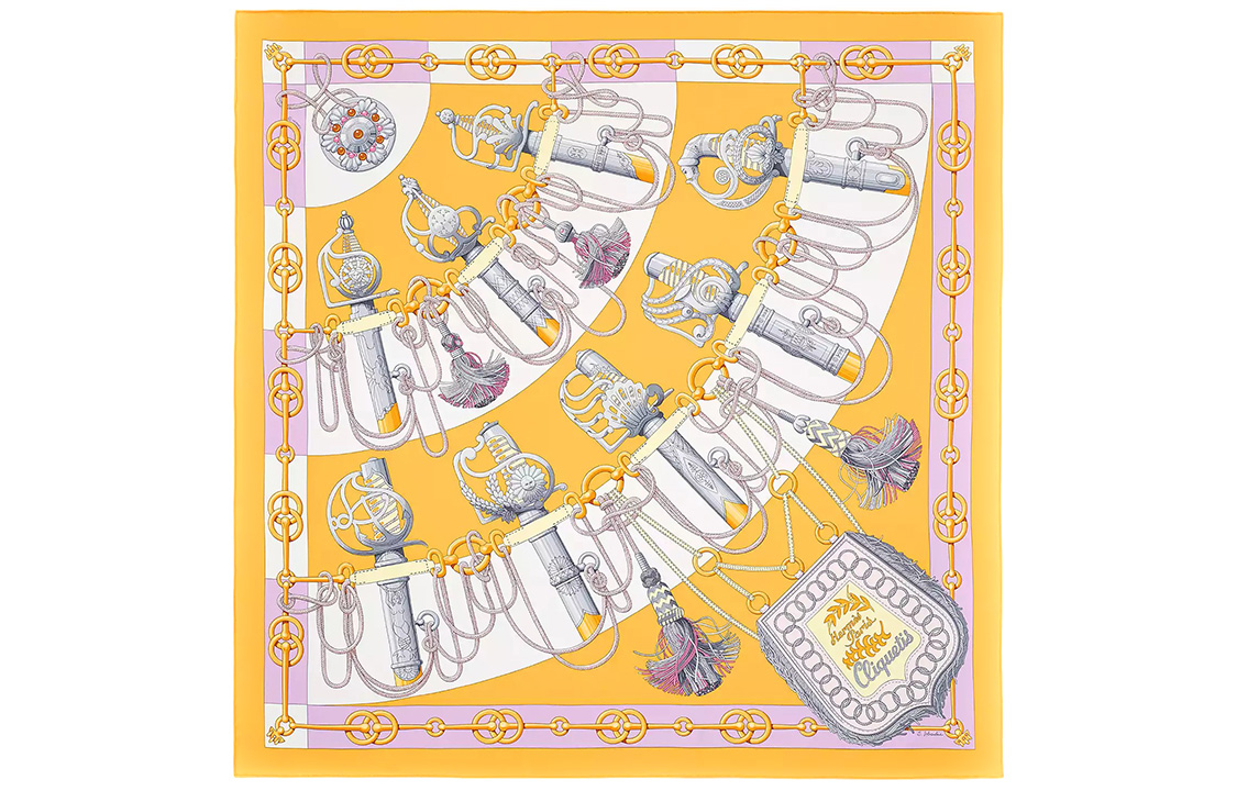(Women) HERMES  90cm Silk Scarf "Military March" Sunlight Yellow/Parma Purple H001574S-32