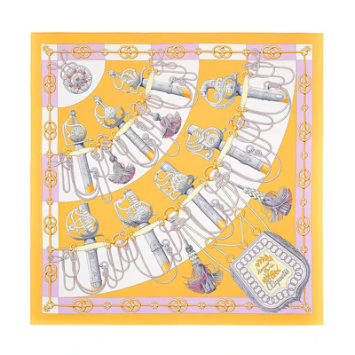 (Women) HERMES 90cm Silk Scarf "Military March" Sunlight Yellow/Parma Purple H001574S-32