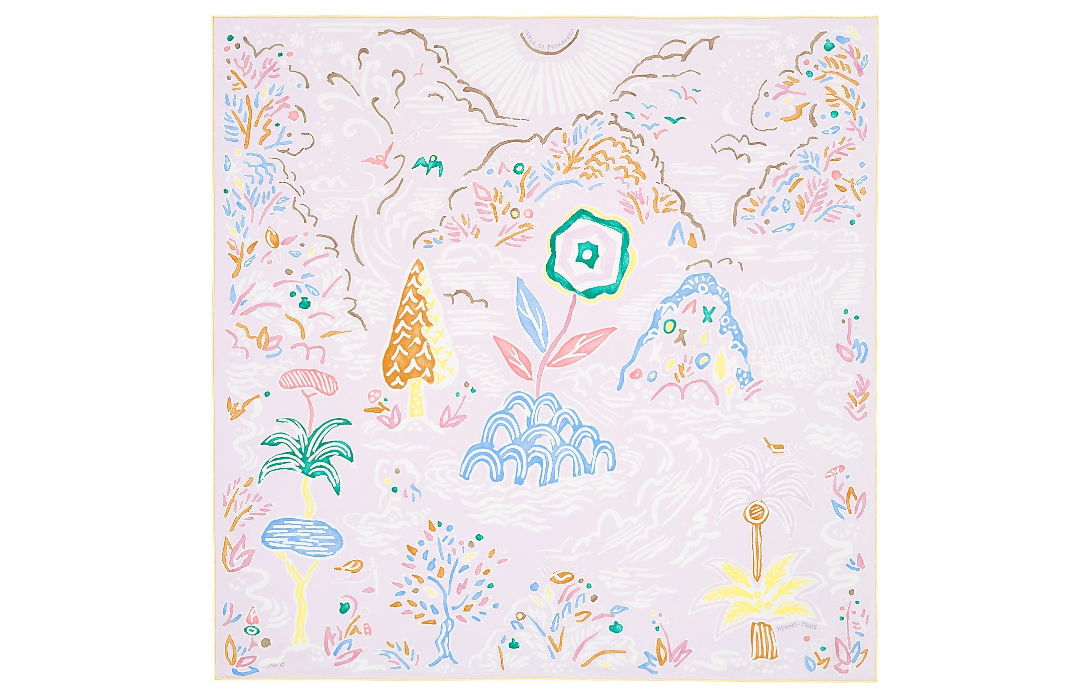 (Women) HERMES  "Spring Island" Silk Scarf in Light Pink H003755S-08