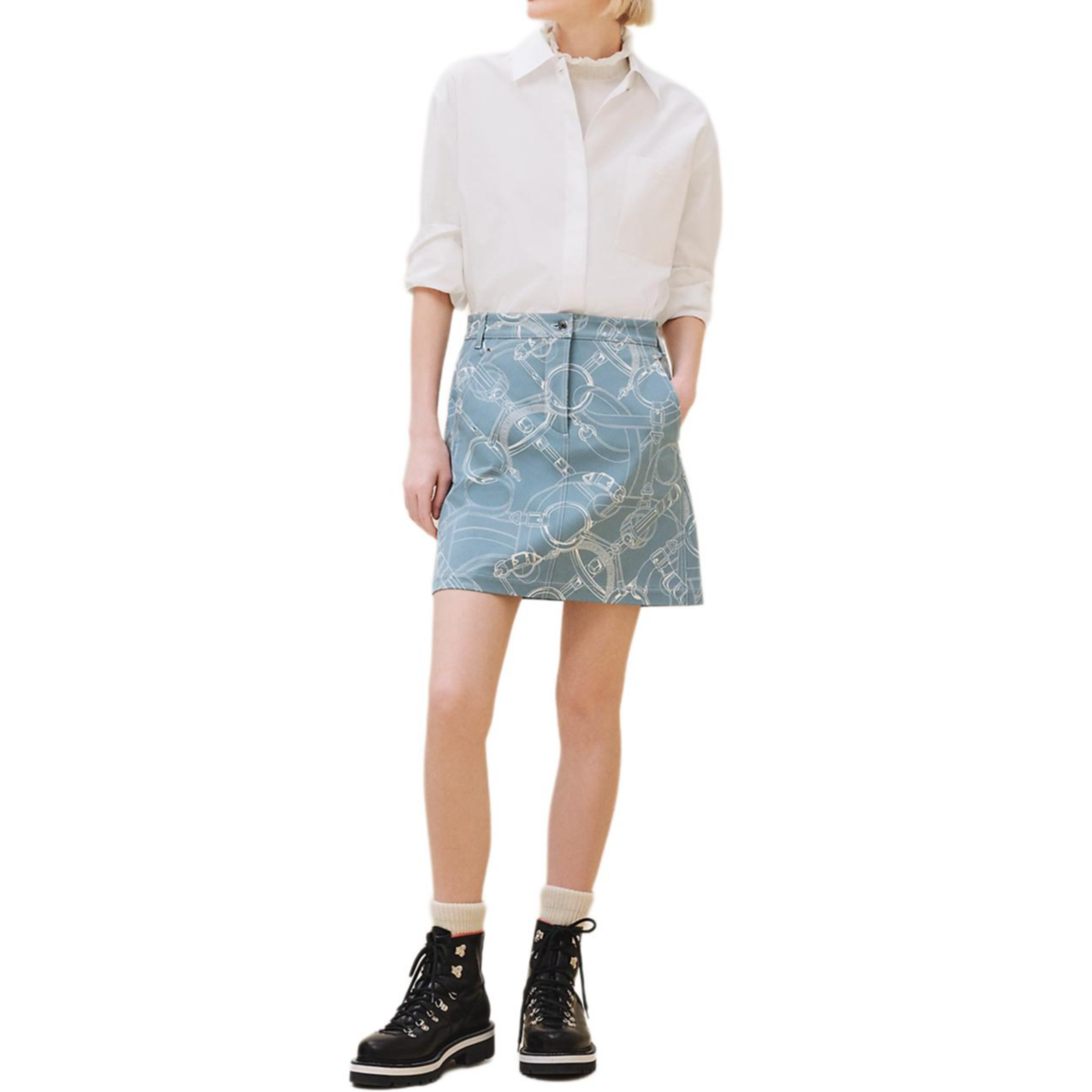 Order (Women) HERMES  Arctic Blue Printed Mid-Rise Straight Casual Denim Skirt FW24. H4H0350DK5Z