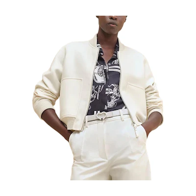 (Women) HERMES Beige Solid Zip-Up Collared Long-Sleeve Jacket. H4E0241DCA334