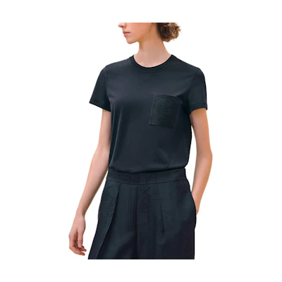 (Women) HERMES Black Blue Logo Embroidered Pocket Crewneck T-Shirt H4E4615DA5H