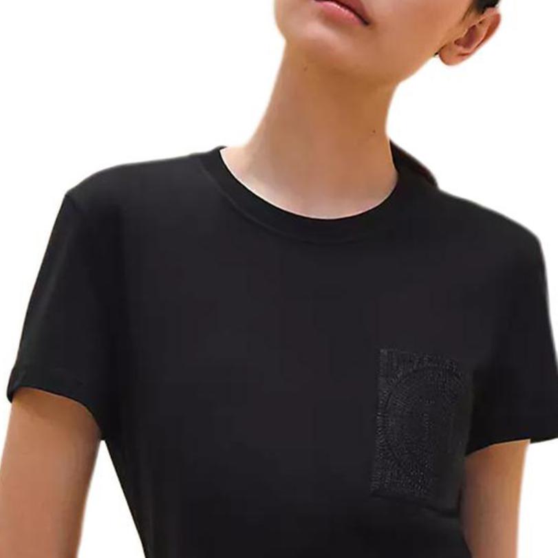Purchase (W) Camiseta HERMES Negra Bordada con Bolsillo y Cuello Redondo de Manga Corta. H4H4615DA0236