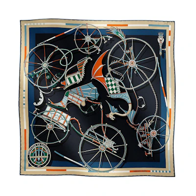 (Women) HERMES Black Silk Scarf with "Balanced Carriage" Print. H894027S07