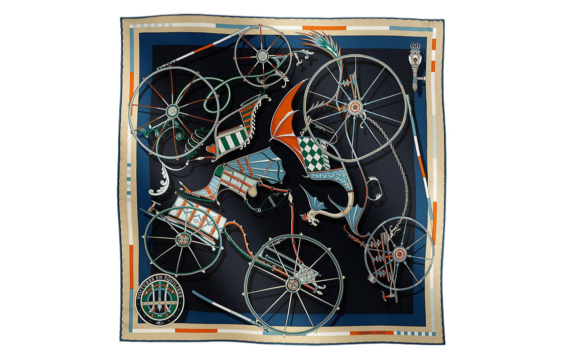 (Women) HERMES  Black Silk Scarf with "Balanced Carriage" Print. H894027S07 圖 2