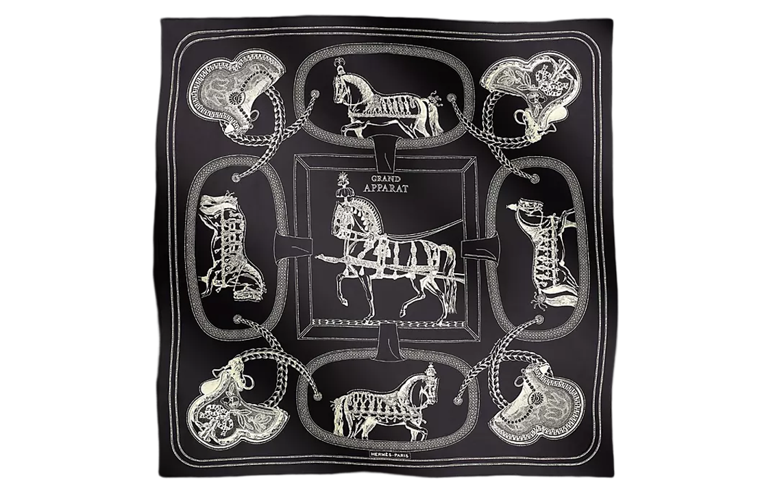 (Women) HERMES  Black Silk Scarf with Twill Embroidery Design. H591364S 02