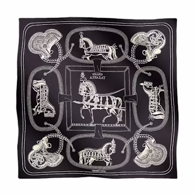 (Women) HERMES Black Silk Scarf with Twill Embroidery Design. H591364S 02