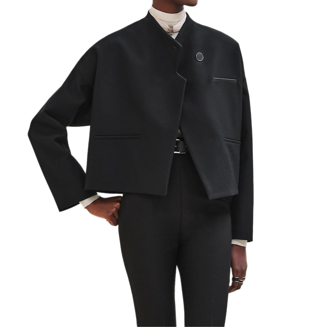 Order (Women) HERMES  Black Solid V-Neck Engraved Long Sleeve Jacket H4H0230DH02