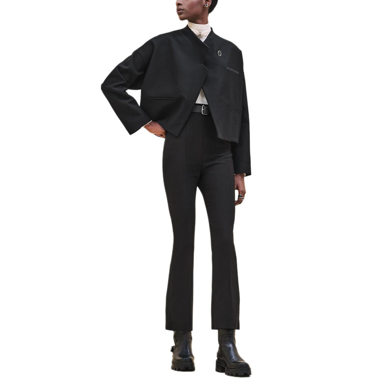 Lookbook (Women) HERMES  Black Solid V-Neck Engraved Long Sleeve Jacket H4H0230DH02