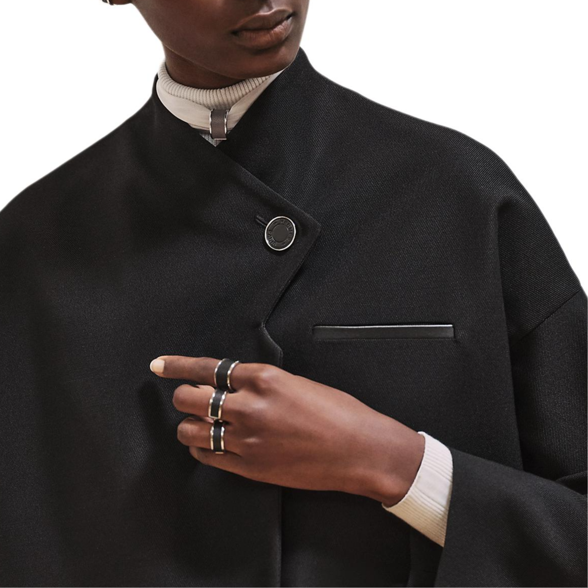 Shop (Women) HERMES  Black Solid V-Neck Engraved Long Sleeve Jacket H4H0230DH02