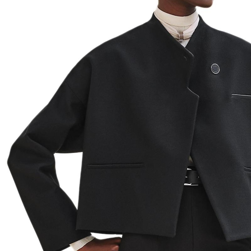 Details for (Women) HERMES  Black Solid V-Neck Engraved Long Sleeve Jacket H4H0230DH02