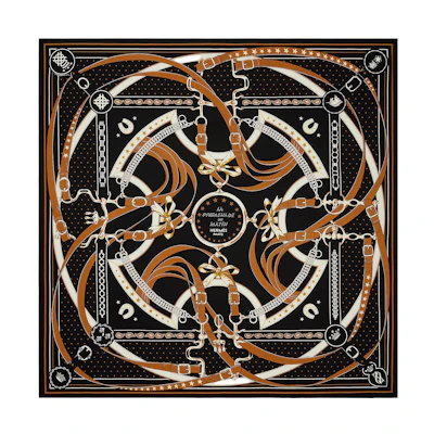 (Women) HERMES Black Vintage Classic Silk Scarf "Morning Stroll" Print H243986S 06