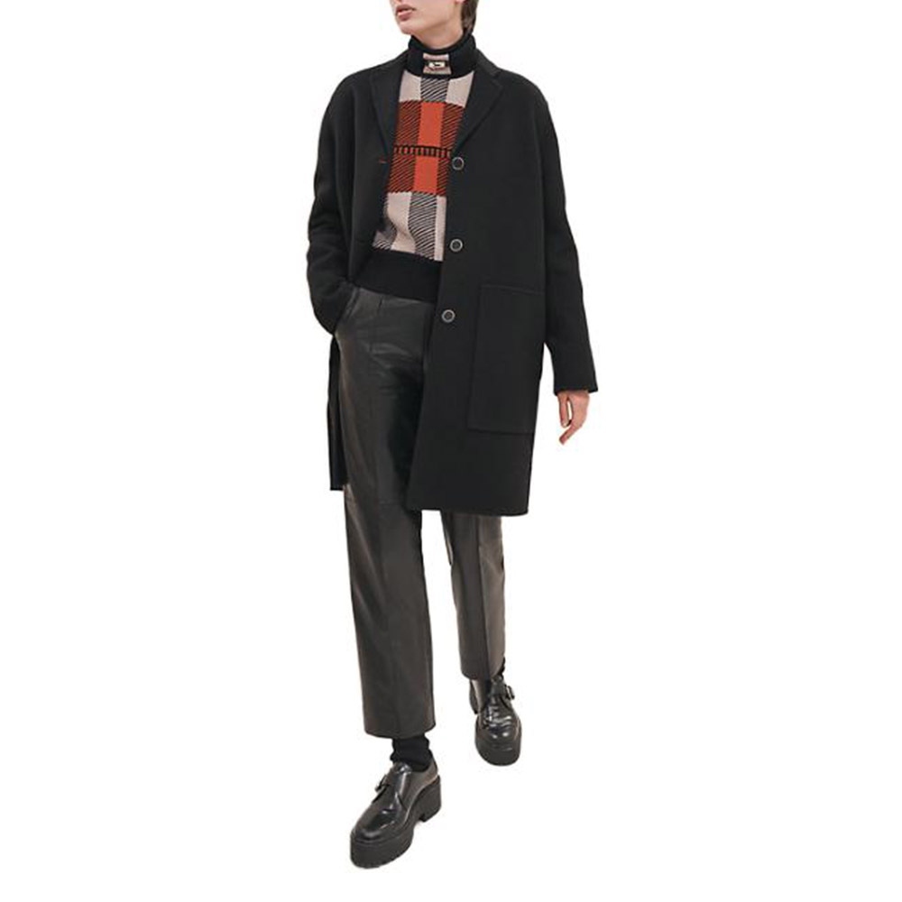 (Women) HERMES  Black Wool Coat Single-Breasted Solid Overcoat H3H0188DA0236