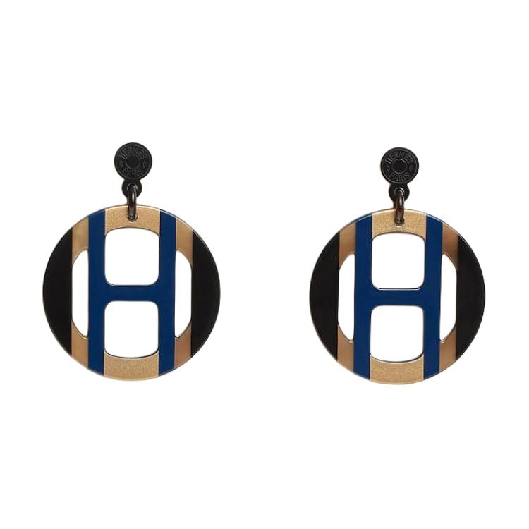 (Women) HERMES  Blue Lacquered Hoop Earrings with Cutout Design H057086FL25