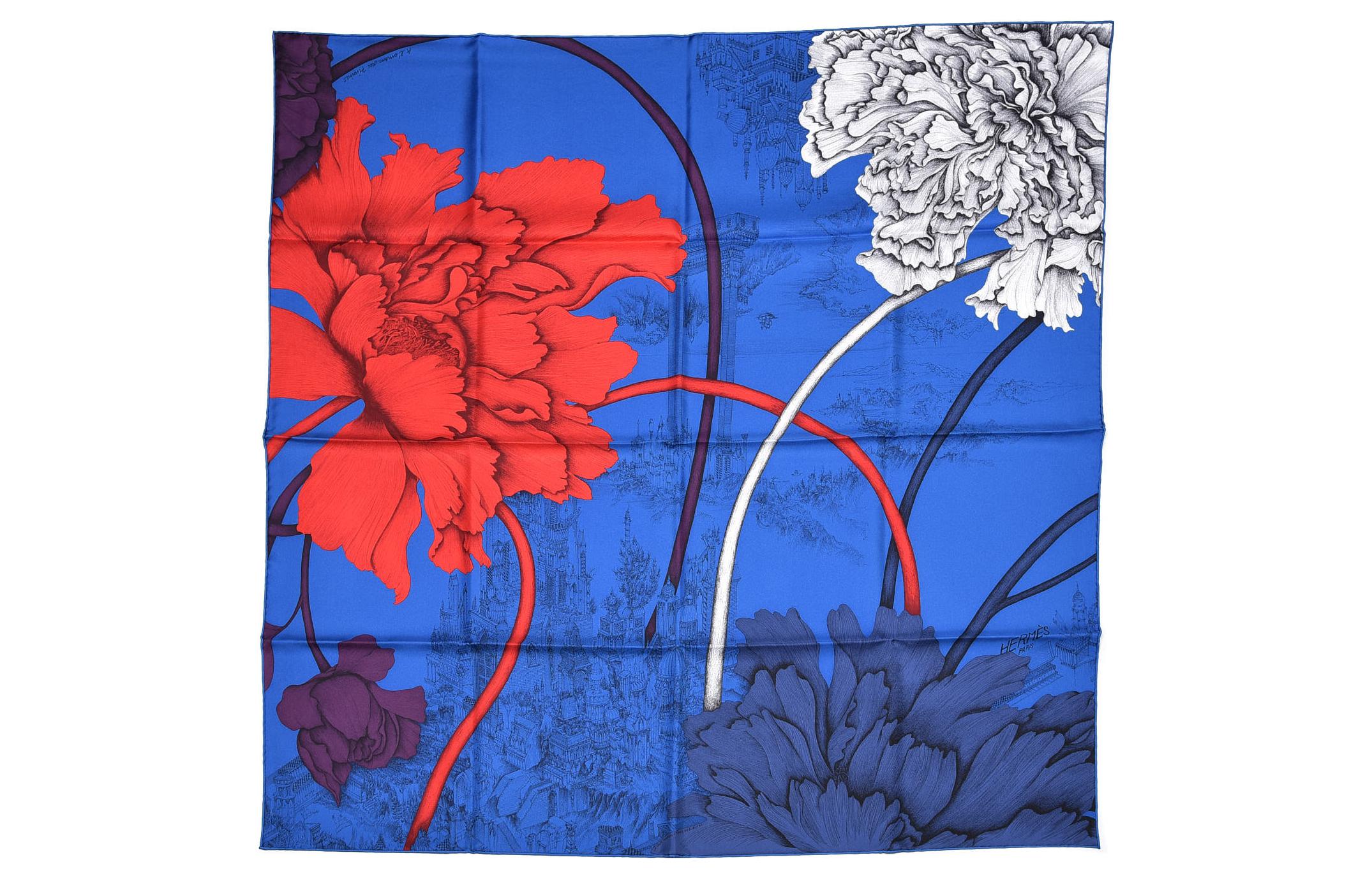 (Women) HERMES  Blue Peony Print Silk Scarf with Hand-Rolled Edges. H003278S 01