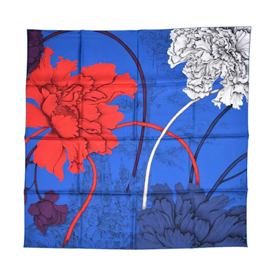 (Women) HERMES Blue Peony Print Silk Scarf with Hand-Rolled Edges. H003278S 01